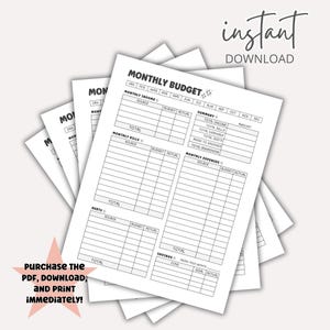 May include: A printable monthly budget planner with sections for income, bills, expenses, debts, and savings. The planner includes columns for budget, actual, and total amounts. The text "instant download" is at the top of the page.