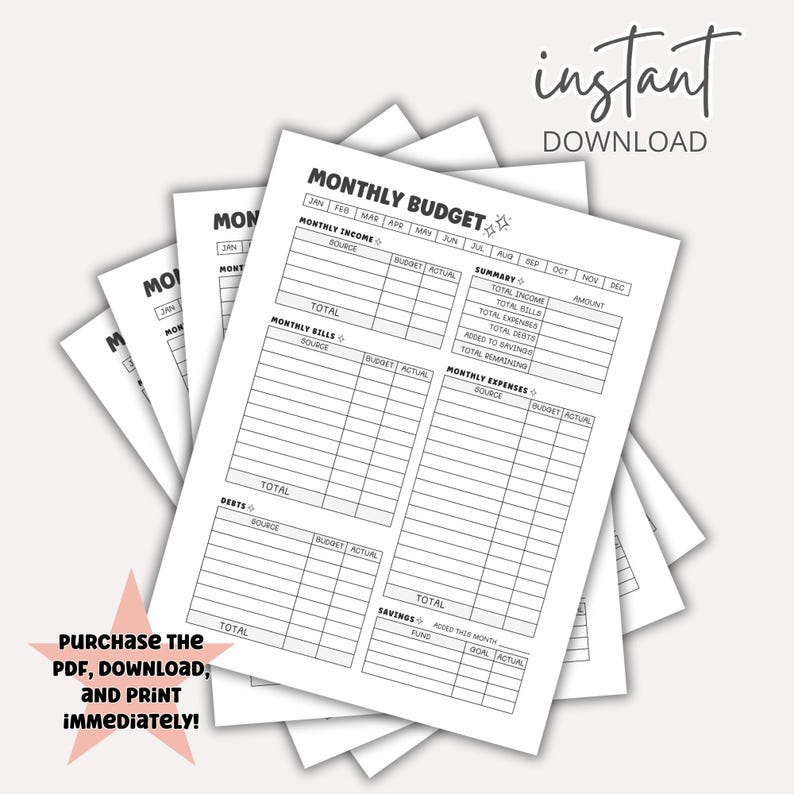 May include: A printable monthly budget planner with sections for income, bills, expenses, debts, and savings. The planner includes columns for budget, actual, and total amounts. The text "instant download" is at the top of the page.