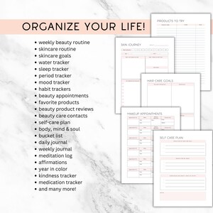 K&ouml;nnte beinhalten: Druckbare Planerseiten mit rosa und wei&szlig;em Design. Die Seiten enthalten Abschnitte f&uuml;r eine w&ouml;chentliche Sch&ouml;nheitsroutine, eine Hautpflegeroutine und einen Selbstpflegeplan. Der Text "ORGANIZE YOUR LIFE!" steht oben.