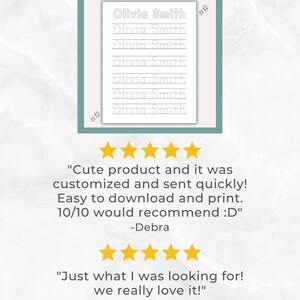 May include: A white rectangular practice sheet featuring the name Olivia Smith written in a hollow outline font repeated seven times for handwriting practice, decorated with small four-pointed star icons in the corners.