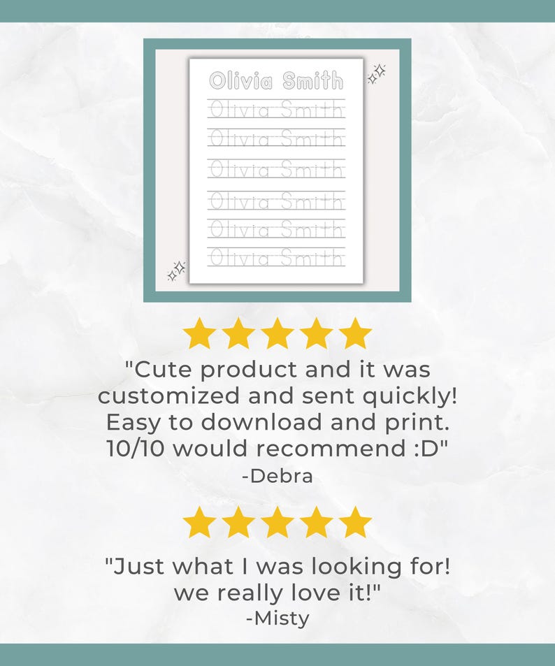 May include: A white rectangular practice sheet featuring the name Olivia Smith written in a hollow outline font repeated seven times for handwriting practice, decorated with small four-pointed star icons in the corners.