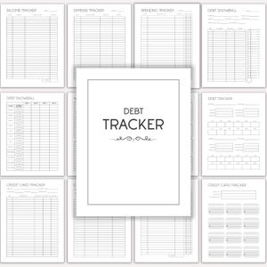 May include: A collection of black and white printable financial planning sheets featuring headers such as Income Tracker, Expense Tracker, Spending Tracker, Debt Snowball, Debt Tracker, and Credit Card Tracker with various tables and fields.