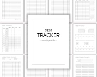 Könnte beinhalten: Eine Sammlung von schwarz-weißen, druckbaren Finanzplanungsblättern mit Überschriften wie Income Tracker, Expense Tracker, Spending Tracker, Debt Snowball, Debt Tracker und Credit Card Tracker mit verschiedenen Tabellen und Feldern.