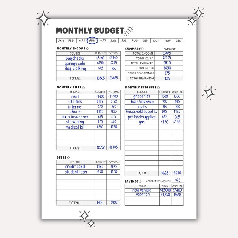 Printable monthly budget worksheet expense tracker