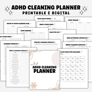 ADHD-afdrukbare schoonmaakplannerbundel Huishoudelijke checklist Digitale schoonmaakplanner Hoofdschoonmaaklijst ADHD-dagboek organisator karweikaart