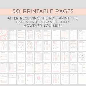 K&ouml;nnte beinhalten: Ein Satz von 50 druckbaren Seiten in Hellrosa und Wei&szlig;. Der Text oben lautet "50 druckbare Seiten" und "Nach Erhalt der PDF-Datei drucken Sie die Seiten aus und organisieren Sie sie, wie Sie m&ouml;chten!"