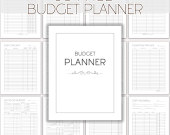 May include: A 60-page budget planner featuring a collection of printable financial tracking sheets. The central cover page displays the text BUDGET PLANNER, surrounded by various templates including debt, subscription, tax, and donation trackers.