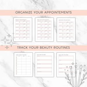 K&ouml;nnte beinhalten: Eine Sammlung druckbarer Beauty-Planer-Seiten mit rosa Akzenten. Die Seiten enthalten Abschnitte f&uuml;r Make-up-, Haar- und Hautpflege-Termine sowie w&ouml;chentliche und t&auml;gliche Sch&ouml;nheitsroutinen. Der Text enth&auml;lt "Organisieren Sie Ihre Termine" und "Verfolgen Sie Ihre Sch&ouml;nheitsroutinen."