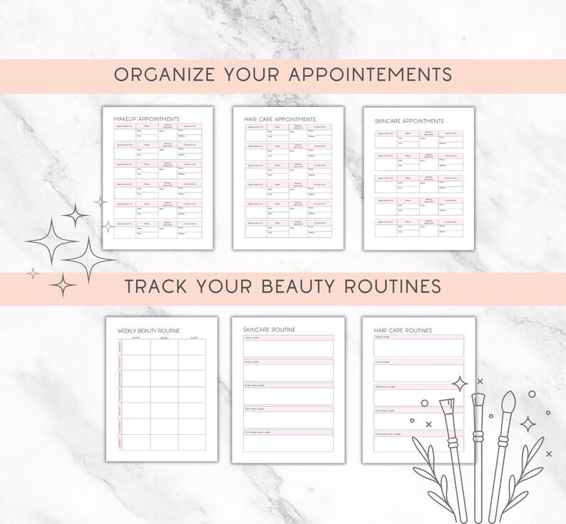 K&ouml;nnte beinhalten: Eine Sammlung druckbarer Beauty-Planer-Seiten mit rosa Akzenten. Die Seiten enthalten Abschnitte f&uuml;r Make-up-, Haar- und Hautpflege-Termine sowie w&ouml;chentliche und t&auml;gliche Sch&ouml;nheitsroutinen. Der Text enth&auml;lt "Organisieren Sie Ihre Termine" und "Verfolgen Sie Ihre Sch&ouml;nheitsroutinen."