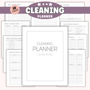 Puede incluir: Un planificador de limpieza blanco con 30 páginas, con varias listas de verificación y gráficos para tareas diarias y semanales. La portada tiene el texto "CLEANING PLANNER" en una fuente elegante.