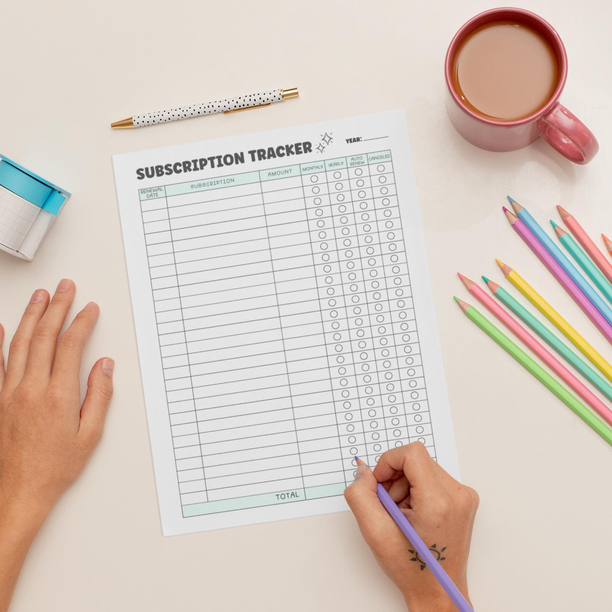 Subscription Tracker Printable Budget Planner Worksheet for Bullet ...