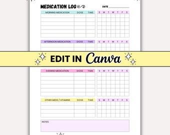 Medikation Log Tracker Printable Bearbeitbar | Pill Tracking Medizin Reminder Stundenplan Vitamin Log Krankenschwestern Arzthelferin