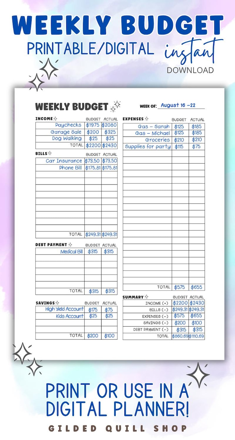 Weekly Budget Planner Worksheet for Bullet Journal | Family Paycheck ...