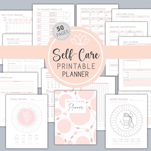 K&ouml;nnte beinhalten: Eine Sammlung druckbarer Selbstpflege-Planerseiten in Rosa und Wei&szlig;. Der Planer enth&auml;lt Tracker f&uuml;r Stimmung, Wasseraufnahme, Hautpflege und t&auml;gliches Journaling. Das Cover zeigt den Text "Self-Care Printable Planner" und der Planer hat 50 Seiten.
