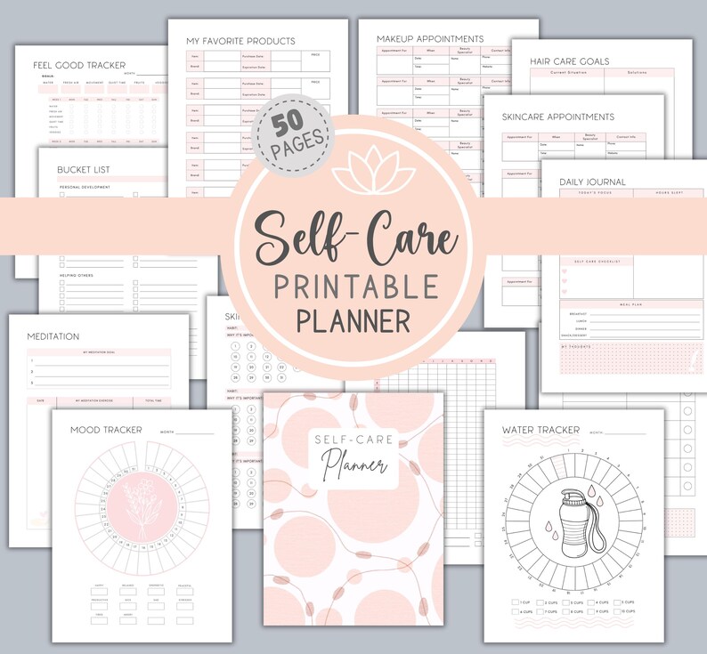 K&ouml;nnte beinhalten: Eine Sammlung druckbarer Selbstpflege-Planerseiten in Rosa und Wei&szlig;. Der Planer enth&auml;lt Tracker f&uuml;r Stimmung, Wasseraufnahme, Hautpflege und t&auml;gliches Journaling. Das Cover zeigt den Text "Self-Care Printable Planner" und der Planer hat 50 Seiten.
