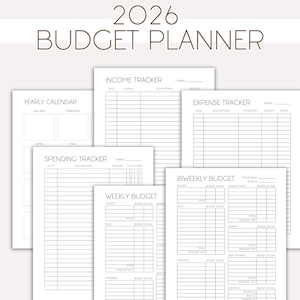 Utskrivbar budgetplanerare för 2026: Veckovisa, månatliga, årliga spårningslistor (PDF-filer) för Bullet Journal