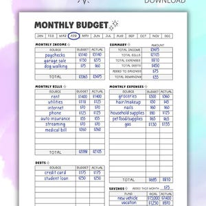 May include: A printable monthly budget worksheet with sections for income, bills, expenses, debts, and savings. The worksheet includes columns for budget and actual amounts. The worksheet is designed to help people track their finances and stay on budget.