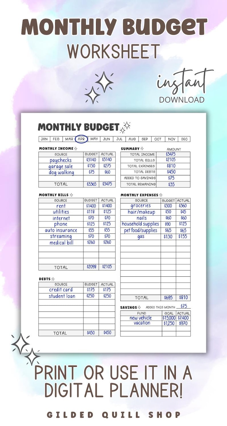 May include: A printable monthly budget worksheet with sections for income, bills, expenses, debts, and savings. The worksheet includes columns for budget and actual amounts. The worksheet is designed to help people track their finances and stay on budget.