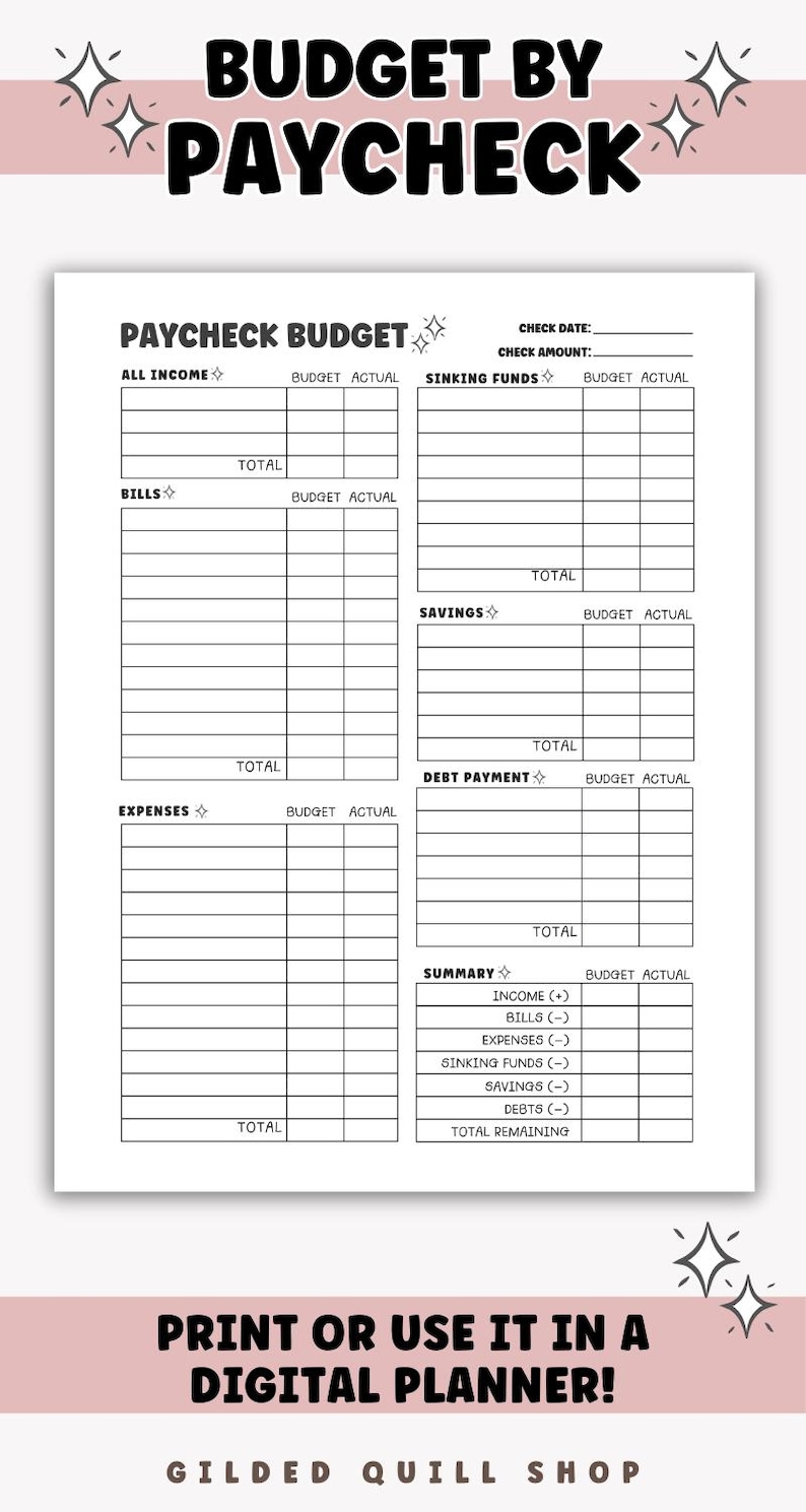 May include: A printable or digital paycheck budget planner with sections for income, bills, expenses, savings, and debt. The design includes the text "Budget by Paycheck" and "Print or use it in a digital planner!"
