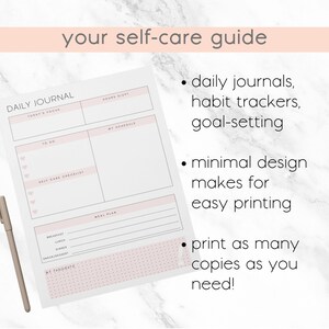 K&ouml;nnte beinhalten: Ein Tagesjournal im minimalistischen Design mit Abschnitten f&uuml;r Fokus, Zeitplan und Essensplanung. Der Text "your self-care guide" steht oben. Ein Stift liegt daneben. Das Journal enth&auml;lt Gewohnheitstracker und Zielsetzung.