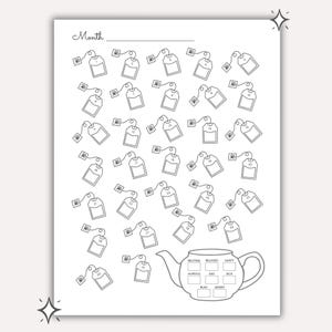 Könnte beinhalten: Schwarz-weiß druckbarer Tee-Tracker mit Teebeutel-Illustrationen, nummeriert von 1-31. Das Wort "Month" steht oben. Eine Teekannen-Grafik unten hat Kästchen zur Stimmungsverfolgung: neutral, entspannt, glücklich, hoffnungsvoll, traurig, krank, langweilig und wütend.