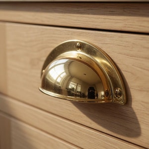 May include: Close-up of a golden brass drawer pull with a semi-circular design. The hardware is mounted on a light-colored wooden cabinet door. The pull reflects the surrounding environment.