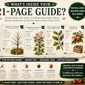 Op de afbeelding: Een digitale gids van 21 pagina's met geïllustreerde secties over bodem, snoeien, bloei, ongediertebestrijding, oogsten en het bewaren van fruitbomen, inclusief tekst, diagrammen en botanische illustraties van appelbomen en fruit.