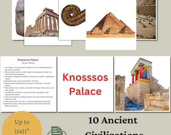 Op de afbeelding: Printbare kaarten met 10 oude beschavingen, waaronder het paleis van Knossos, met een titelkaart met de tekst "10 oude beschavingen, Printbare kaarten van Bits of Intelligence".