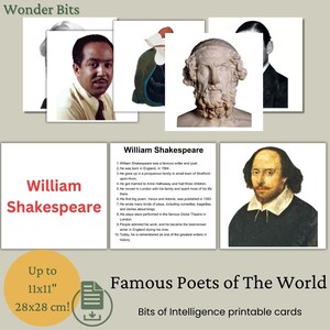 Cartes Bits Intelligence | Les grands poètes du monde avec les faits et le nom en rouge | Cartes d'apprentissage numériques imprimables pour enfants