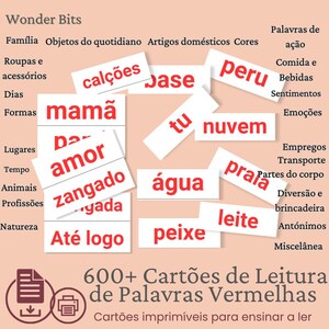 Op de afbeelding: Kaarten met Portugese woorden in het rood op wit. Woorden zijn onder meer "mamã" en "peixe". De afbeelding bevat ook de tekst "600+ Cartões de Leitura de Palavras Vermelhas", wat "600+ Leeskarten met rode woorden" betekent.