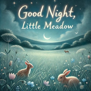 Può includere: Illustrazione di un prato notturno con il testo "Good Night, Little Meadow". Due conigli e un cervo sono nell'erba alta, sotto una luna crescente e stelle. I colori sono tenui, in tonalità blu e verdi.
