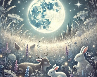 May include: A whimsical illustration of a moonlit meadow. A large, bright moon dominates the night sky, casting a soft glow over the scene. A deer and two rabbits rest peacefully among tall grasses and wildflowers. The color palette is soft and dreamy.