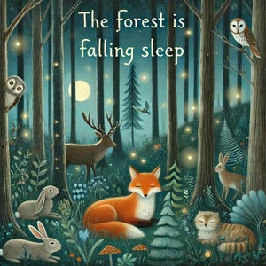 Może przedstawiać: Ilustrowana scena leśna z tekstem "The forest is falling sleep". Obraz przedstawia jelenia, lisa, króliki, sowę i kota wśród drzew, z pełnią księżyca i świetlikami. Paleta kolorów obejmuje odcienie zieleni, brązu i pomarańczy.