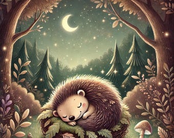 May include: A whimsical illustration of a sleeping hedgehog nestled in a bed of leaves and twigs. The scene is set in a forest at night, with a crescent moon and stars in the sky. The color palette includes greens, browns, and soft yellows.