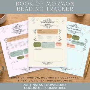 Può includere: Tre fogli di monitoraggio della lettura stampati intitolati Book of Mormon Ministry, Doctrine & Covenants e Pearl of Great Price. Ogni pagina presenta sezioni color pastello, disegni floreali, illustrazioni di farfalle e griglie.