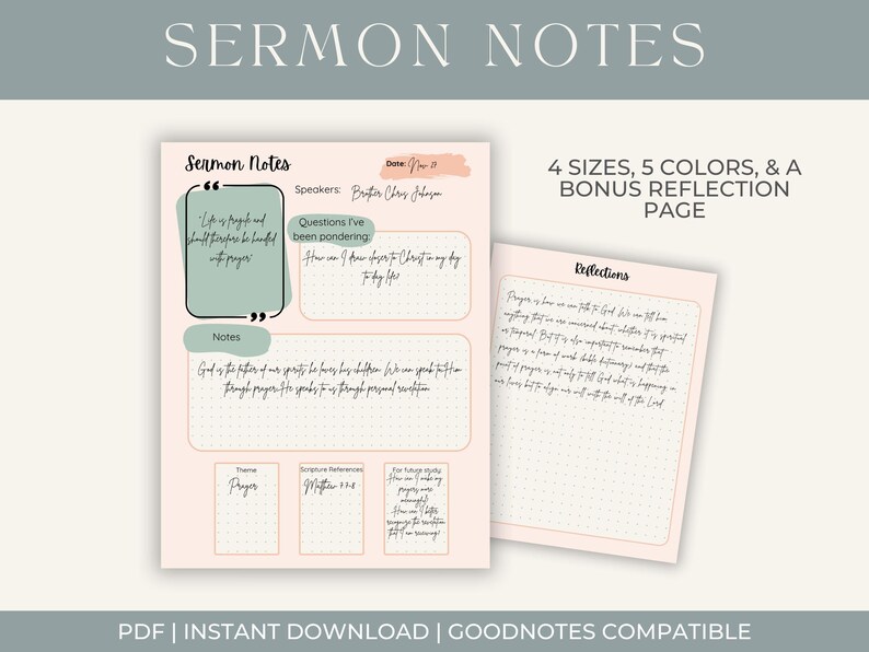 Bible Sermon Notes Printable | Christian Study Template (digital ...