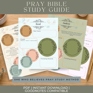 May include: A set of printed Bible study guide pages featuring sections titled Read and Analyze, with circular floral frames in muted green, orange, and pink tones. The pages include text prompts for verses, themes, and questions, decorated with line-art butterfly illustrations.