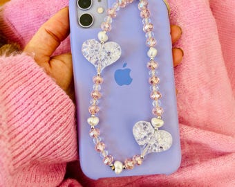 Dragonne pour téléphone en forme de coeur : breloque pour sac en cristal et acrylique, cadeau pour la Saint-Valentin