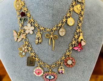 Personalized Gold Charm Necklaces for Women,Vintage Chunky Necklace,Charm Jewelry,Summer Necklace,Custom Unique Gift for Mom,Gift for Her
