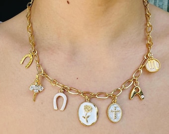 Personalized Gold Charm Necklaces for Women, Vintage Chunky Necklace, Gold Charm Necklace, Personalized Gift for Women, Gifts for Her