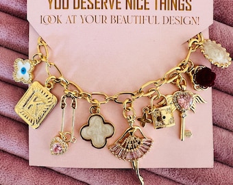 Zbuduj własną spersonalizowaną bransoletkę z zawieszkami dla kobiet, Złota bransoletka z masywnymi zawieszkami w stylu vintage, Wybierz swoje zawieszki, Spersonalizowany prezent urodzinowy dla niej