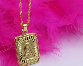 18K Gold Initial Letter Necklace, Medal Gold Initial Letter Pendant Necklace, Square Alphabet Rectangle Medallion Pendant, Bridesmaid Gift