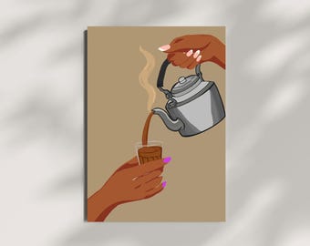 May include: Illustration of a silver teapot pouring a brown liquid into a small glass held by a hand with purple nail polish. The image is set against a tan background, with a wisp of steam rising from the liquid.