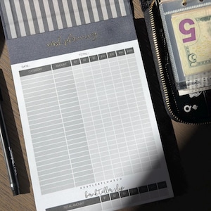 Pode incluir: Um bloco de notas de planejamento financeiro com uma capa listrada e as palavras "cash planning" em letras douradas. O bloco de notas tem uma grade para rastrear despesas, com categorias e valores. Uma caneta preta e uma pasta com zíper com dinheiro também são visíveis.