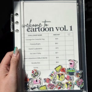 May include: A clear acrylic display case with the text "welcome to cartoon vol. 1". The case contains a list of cartoon challenges and cartoon character charms. The charms include characters from Courage the Cowardly Dog, Powerpuff Girls, and Scooby Doo.