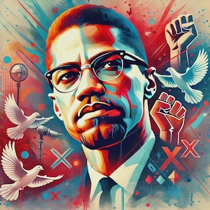 May include: A colourful, artistic portrait of a man wearing glasses, featuring doves, raised fists, and microphones. The image is predominantly red, blue, and orange, with the name "Malcolm" visible. The style is reminiscent of pop art.