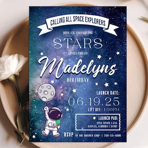 Inbjudan till rymdfödelsedag: Astronautfest, barnens yttre rymden (digital nedladdning, 12,5 x 18 cm)