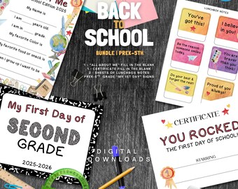 Pacote para impressão de volta às aulas: Placas do primeiro dia, planilha "Tudo sobre mim" (download digital)
