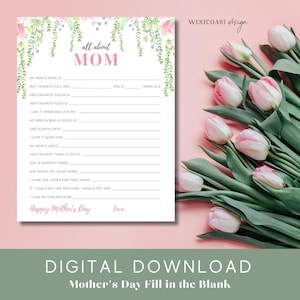 Muttertag Fill-in-the-Blank Printable | Geschenk für Mama von Kindern oder Jugendlichen | 8.5x11" Digital Download | My Mom Arbeitsblatt | Sofortiger Download
