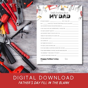 Alles over papa: afdrukbaar werkblad Vaderdag met gereedschapsthema | Leuk opvulcadeau van kinderen | DIGITALE DOWNLOAD